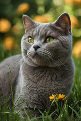 A British Shorthair cat with a plush, dense coat of solid gray fur.