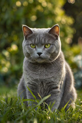 A British Shorthair cat with a plush, dense coat of solid gray fur.