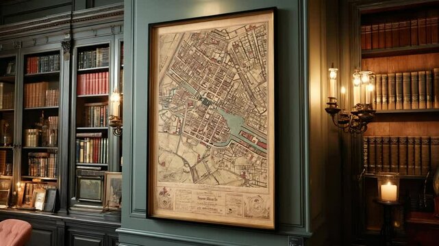 Vintage map displayed in a cozy library setting (2)