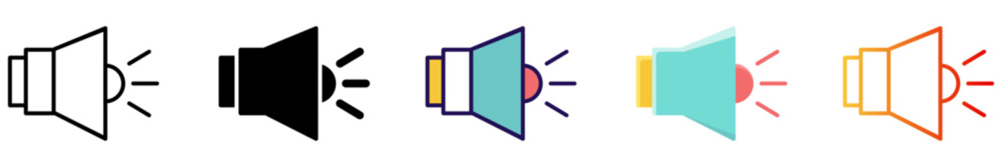 Illustrations of Loudspeaker Announcing Sound in Five Different Color Schemes. 42 pixels perfect editable