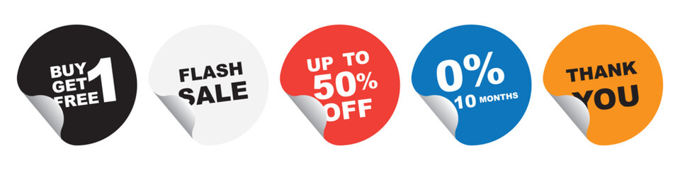 Collection of multicolor round sticker label include  up to 50 percent  off Black Friday sale  for marketing discount special off to customer in end year sale , midnight sale concept.