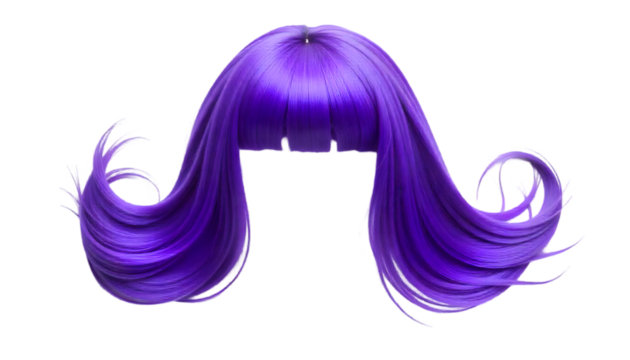 purple, brown, black, yleow, green, blue wigs on transparent background, PNG.