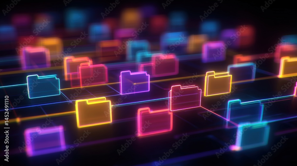 Poster abstract network grid with files and folders, futuristic software interface, digital document manage