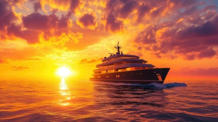 Fototapeta premium Large marine vessel transporting yachts across ocean waters under golden sunset light