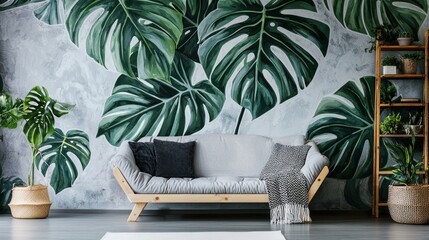 Large-scale monstera leaf sticker in a tropical-themed space