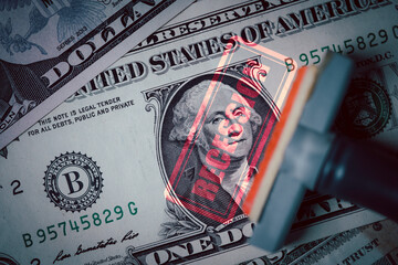 Red stamp of recession on USD dollar banknote for United States of America or USA economic...
