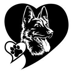 German Shepherd, Head in Heart, Hand Drawn Vector Illustration