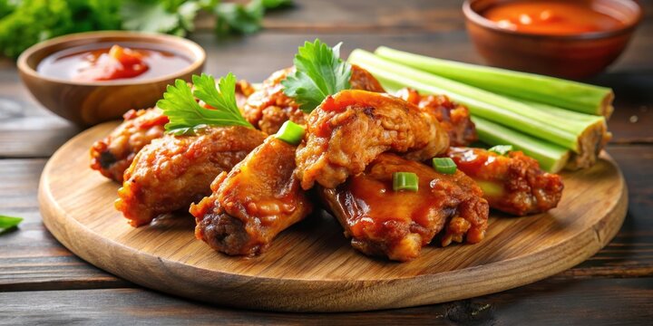 Juicy spicy buffalo wings on a wooden cutting board with BBQ sauce and celery sticks, kitchen, spicy,  kitchen, spicy, wings, poultry