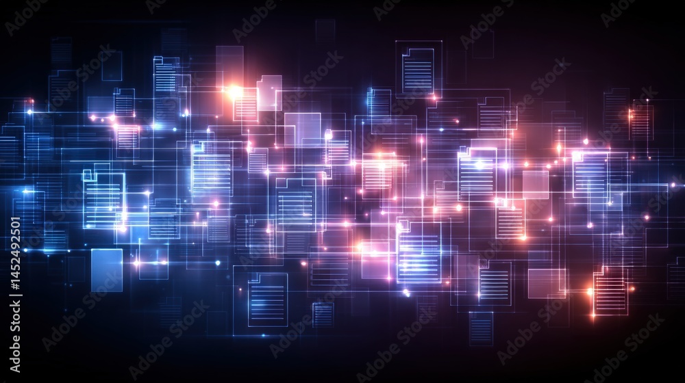 Poster abstract network grid with files and folders, futuristic software interface, digital document manage