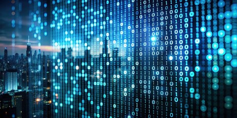 Technical details of binary code on a dark screen with a blurred cityscape in the background, shadows