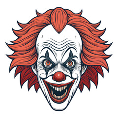 Design a vector illustration of a terrifying clown face with bold, black strokes.  Emphasis on sharp details and exaggerated features.
