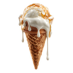 Scoop of ice cream in a waffle cone with caramel and sweet, white syrup dripping down.