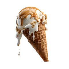 A delectable ice cream cone dripping with caramel sauce against a stark black background.