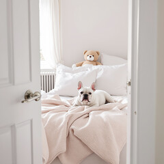 white french bulldog resting on a plush pink blanket in a serene bedroom