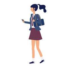 スマホとカバンを持って歩いている女子高生_全身イラスト