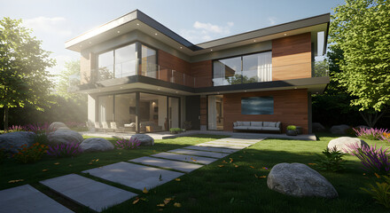 Fototapeta premium Modern Residential House With Landscaped Yard And Contemporary Architecture