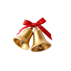 Two golden bells with a red ribbon tied around them, perfect for holiday decorations.