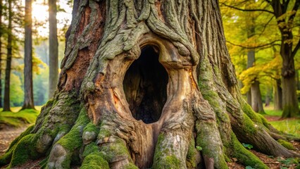 Fototapeta premium Ancient, gnarled tree trunk with a natural hole or cavity , outdoor, nature, outdoor, nature, tree structure