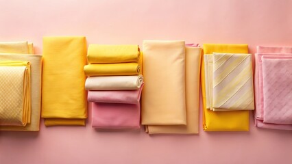 A vibrant collection of sheets in shades of yellow and pink arranged neatly on a pastel pink background, evoking feelings of warmth and coziness , Crafting Organization, Colorful Stack