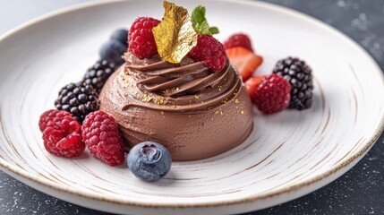 Chocolate mousse dessert with fresh berries and gold leaf