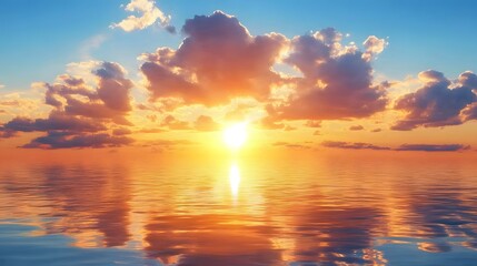 Fototapeta premium Golden Sunset Over Calm Ocean Water, Dramatic Sky Cloudscape