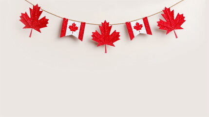 Garland with canadian flags and maple leaf for Canada day. Festive decoration banner for national celebration party invitation background.