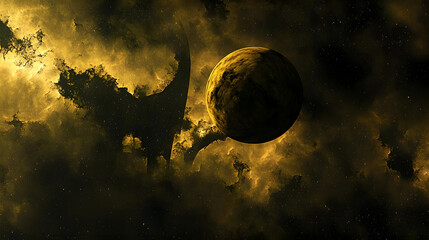 Mysterious Celestial Scene with Golden Planet and Cosmic Clouds