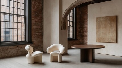 Sculptural Chairs and Table in Loft Setting