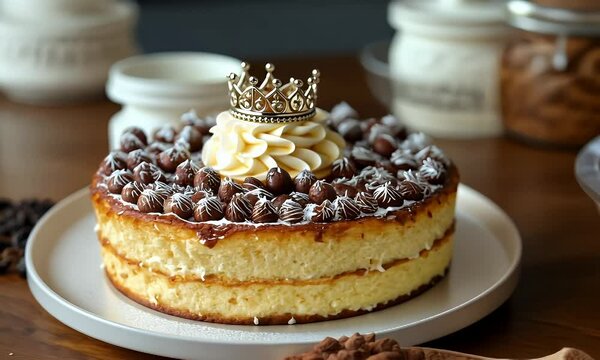 Delicious two-layered cake topped with chocolate balls, cream, and a crown.