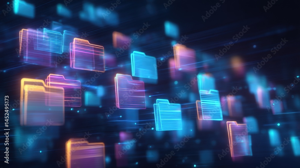 Poster abstract network grid with files and folders, futuristic software interface, digital document manage