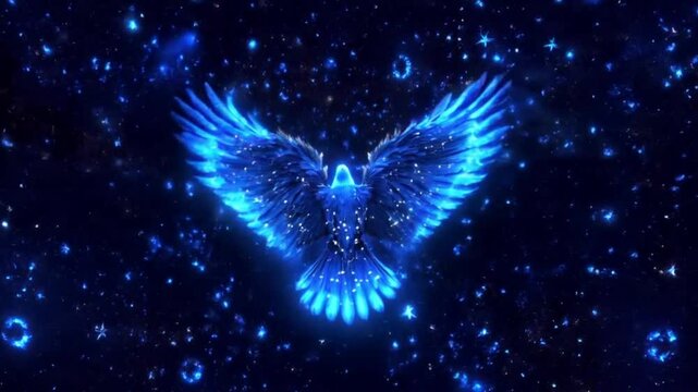 Glowing blue bird cosmic flight, star background, fantasy art, website header