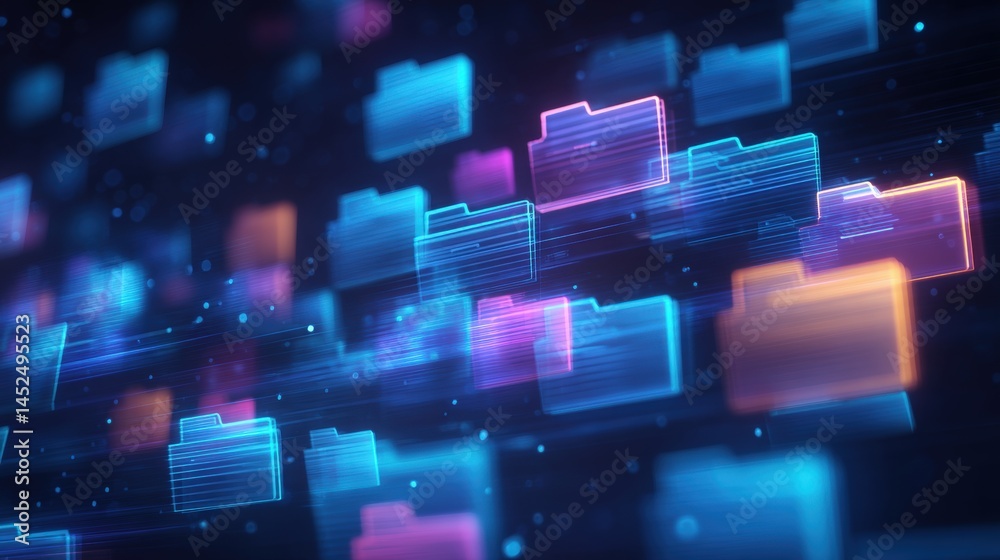 Poster abstract network grid with files and folders, futuristic software interface, digital document manage