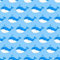 Obraz premium Little whale seamless pattern.Repeat pattern with cute smiling blue whales isolated on blue background.Vector graphic illustration.Aquatic animal swimming in summer.