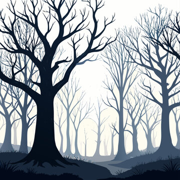 Create a vector illustration of a spooky forest with bold black strokes, featuring gnarled trees, winding paths, and a misty atmosphere.
