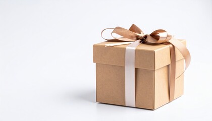Obraz premium Gift Box with Ribbon: A close-up of a wrapped gift box tied with a delicate brown and white ribbon, on a white background, symbolizing a moment of joy and anticipation.