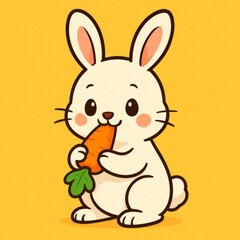 Fototapeta premium Cute cartoon bunny holding a carrot on yellow background