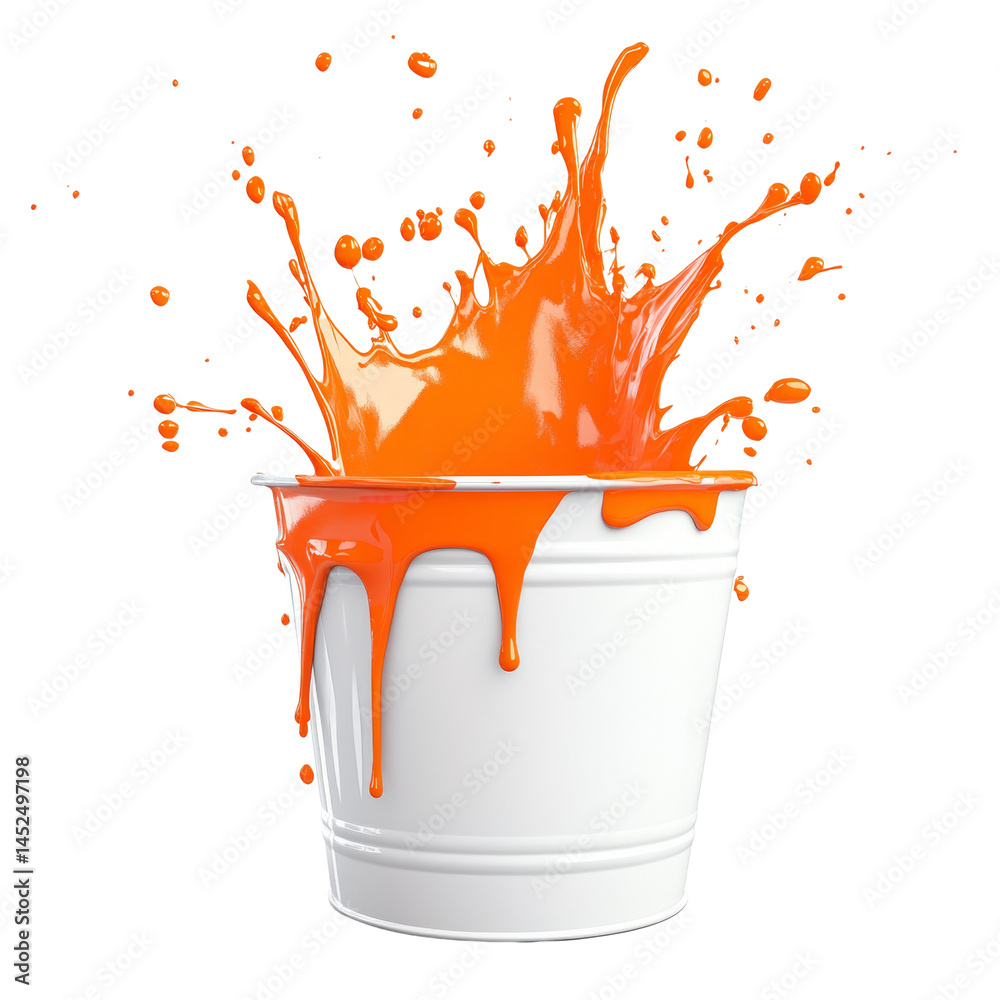 Poster Dynamic explosion of vibrant orange paint erupting from a clean white container element in the void