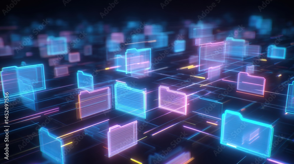 Poster abstract network grid with files and folders, futuristic software interface, digital document manage
