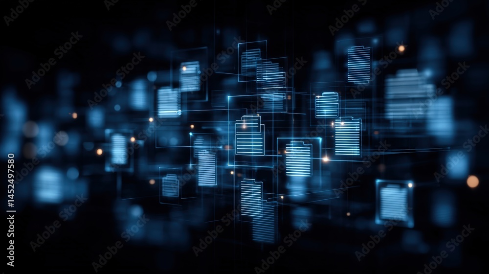 Poster abstract network grid with files and folders, futuristic software interface, digital document manage