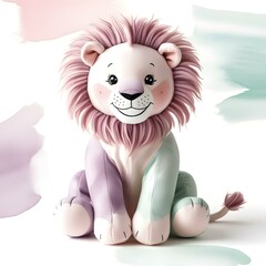 Cute Kid Lion Plush Doll Watercolor Illustration – Hand-Painted Nursery Art with Soft Pastel Colors