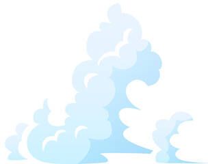 Cartoon clouds are rising upwards, creating a dreamlike atmosphere with their soft, rounded shapes and gentle blue hues, adding a touch of whimsy and tranquility
