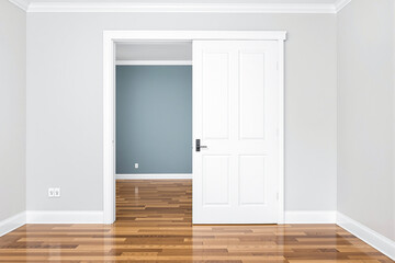 Fototapeta premium open white door to a room with light grey walls and hardwood floors