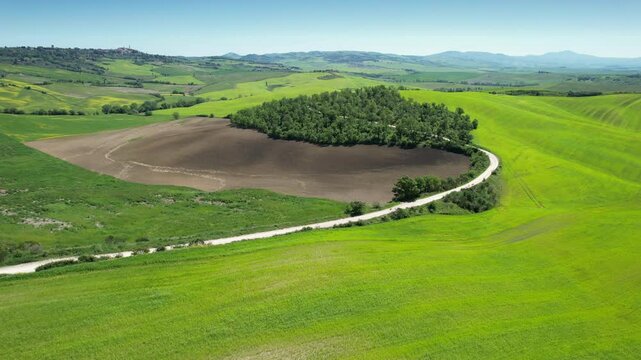 Aerial view of the Val d'Orcia green rolling hills around Pienza. Tuscany, in spring. San Quirico, Italy.