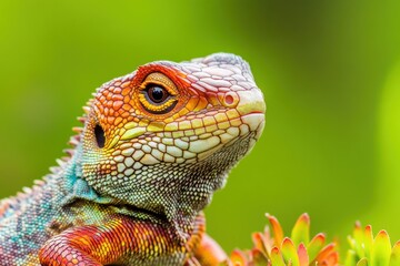 Fototapeta premium Vibrant lizard resting on succulent plant in a lush environment during daylight