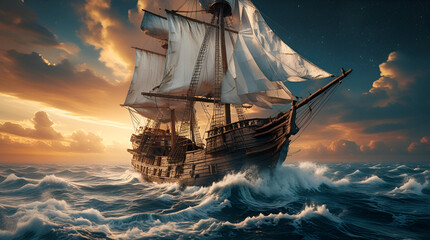 Obraz premium Multicolour Watercolour Ship on the Sea Wall Art – Nautical & Maritime Decor with Vibrant Coastal Elements