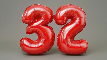 Red balloons forming the number thirty-two, casting shadows on a neutral grey background