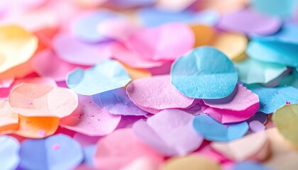 Colorful confetti, a joyous explosion of celebration, creates a dreamy spectacle of pastel hues. Each petal-shaped piece brings a light, airy feeling, perfect for any festive event.