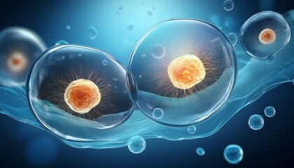 cellular division process with clear blue background for science and education