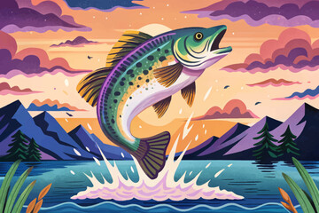 Fototapeta premium Vector illustration of large freshwater perch jumping out of water, captured mid air as a fishing trophy. Dynamic sports and nature concept ideal for outdoor recreation, adventure, and wildlife themed