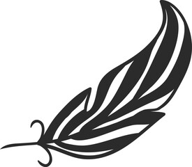 Minimalist vector illustration of a large stylized feather with thick black lines, isolated on a white background, pointing diagonally up and right